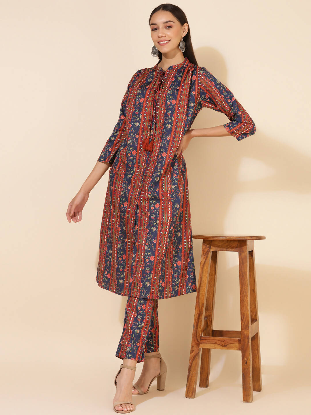 Janasya Women's Blue Crepe Digital Floral Printed Festive A-line Co-ords - Distacart