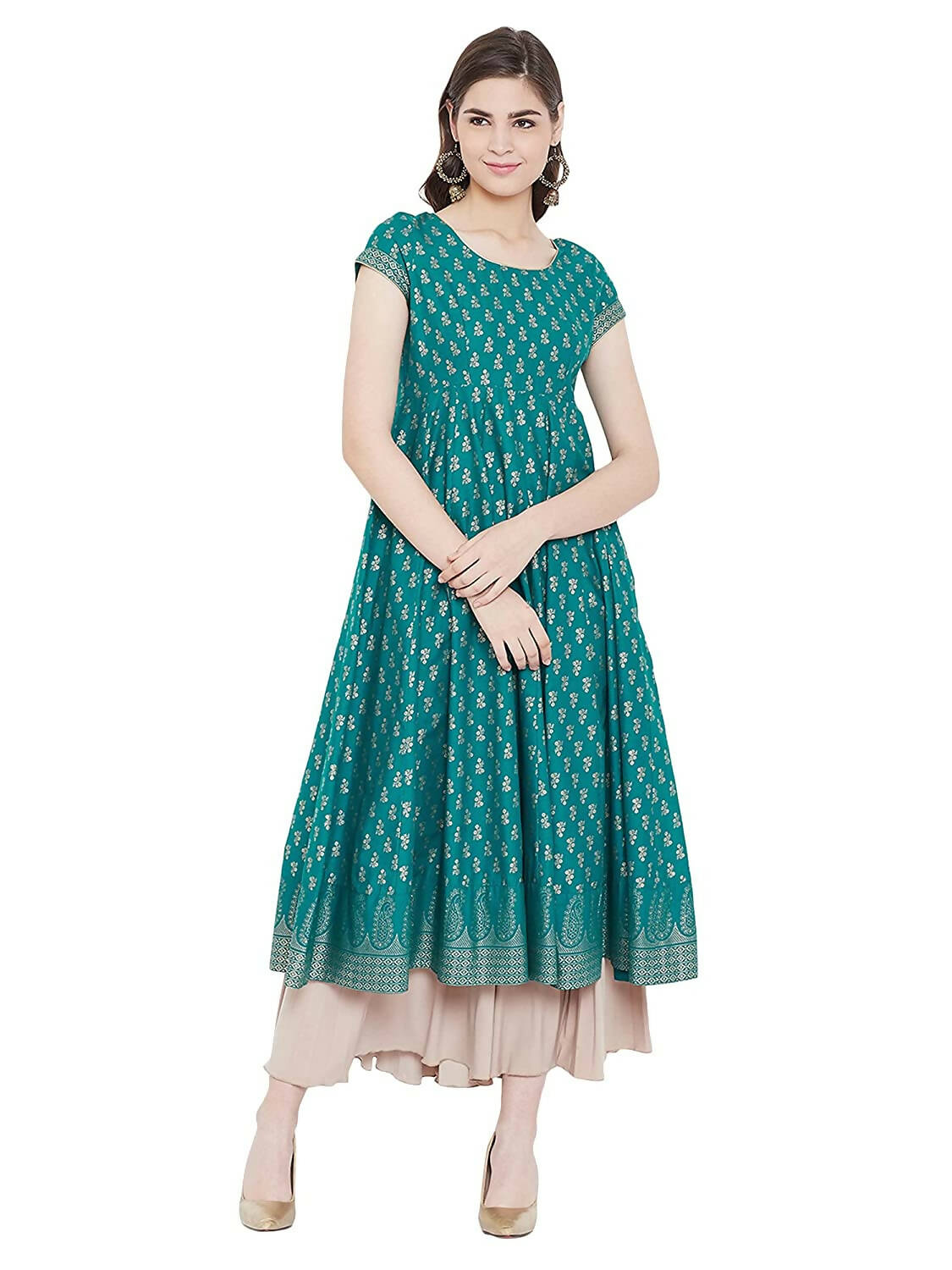 Cheera Embellished Daily Wear Cotton Blend Kurta - Turquoise Green - Distacart