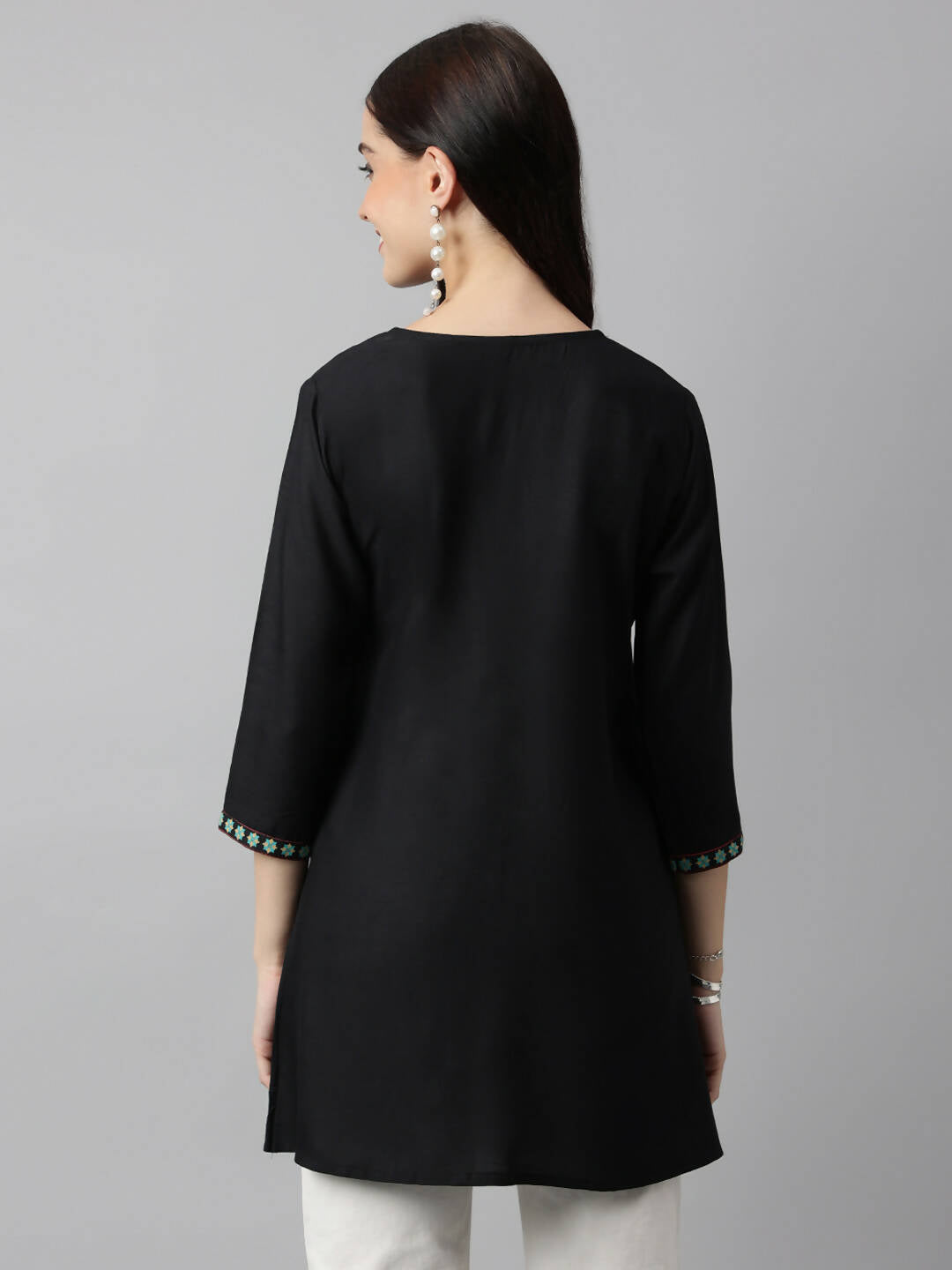 Black Poly Cotton Yoke Printed A-line Top - Bosky - Distacart