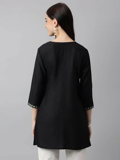 Black Poly Cotton Yoke Printed A-line Top - Bosky - Distacart