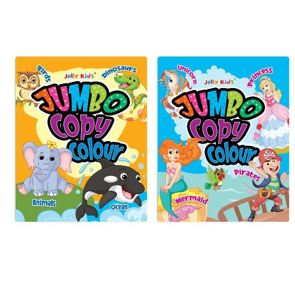 Jolly Kids Jumbo Copy Colour Books Set of 2| Colour Themes Birds, Dinosaurs, Animals, Ocean, Unicorns, Princess, Pirates, Mermaid| Ages 3-10 Years - Distacart