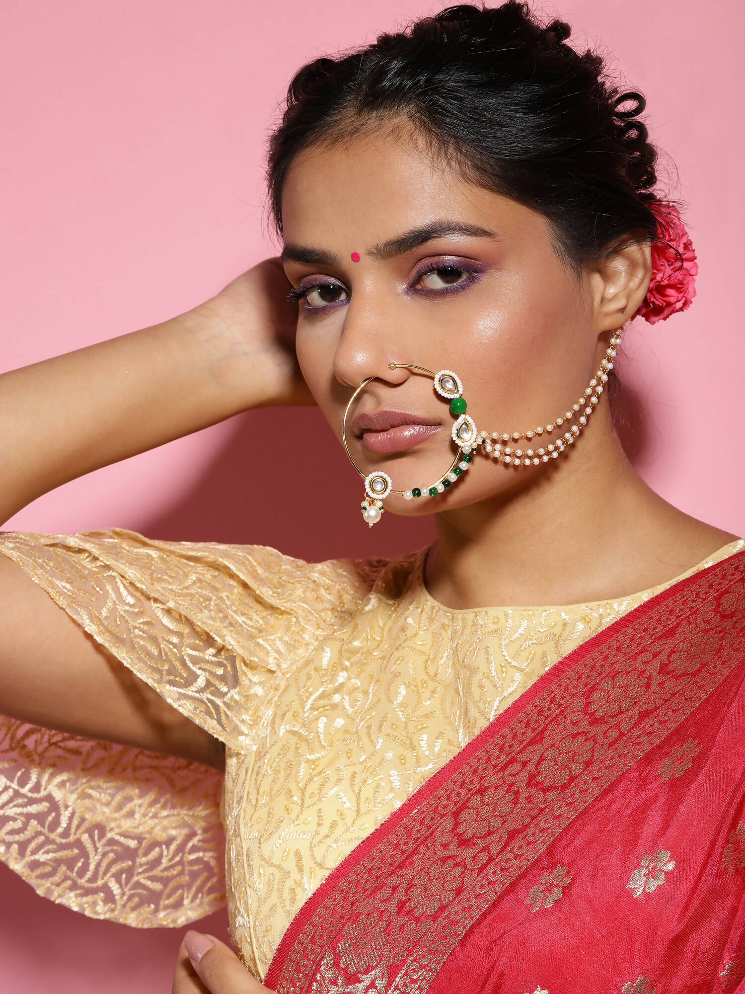 Gold-Plated White Green Kundan-Studded Pearl Beaded Nosepin - Ruby Raang - Distacart