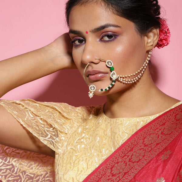 Gold-Plated White Green Kundan-Studded Pearl Beaded Nosepin - Ruby Raang - Distacart