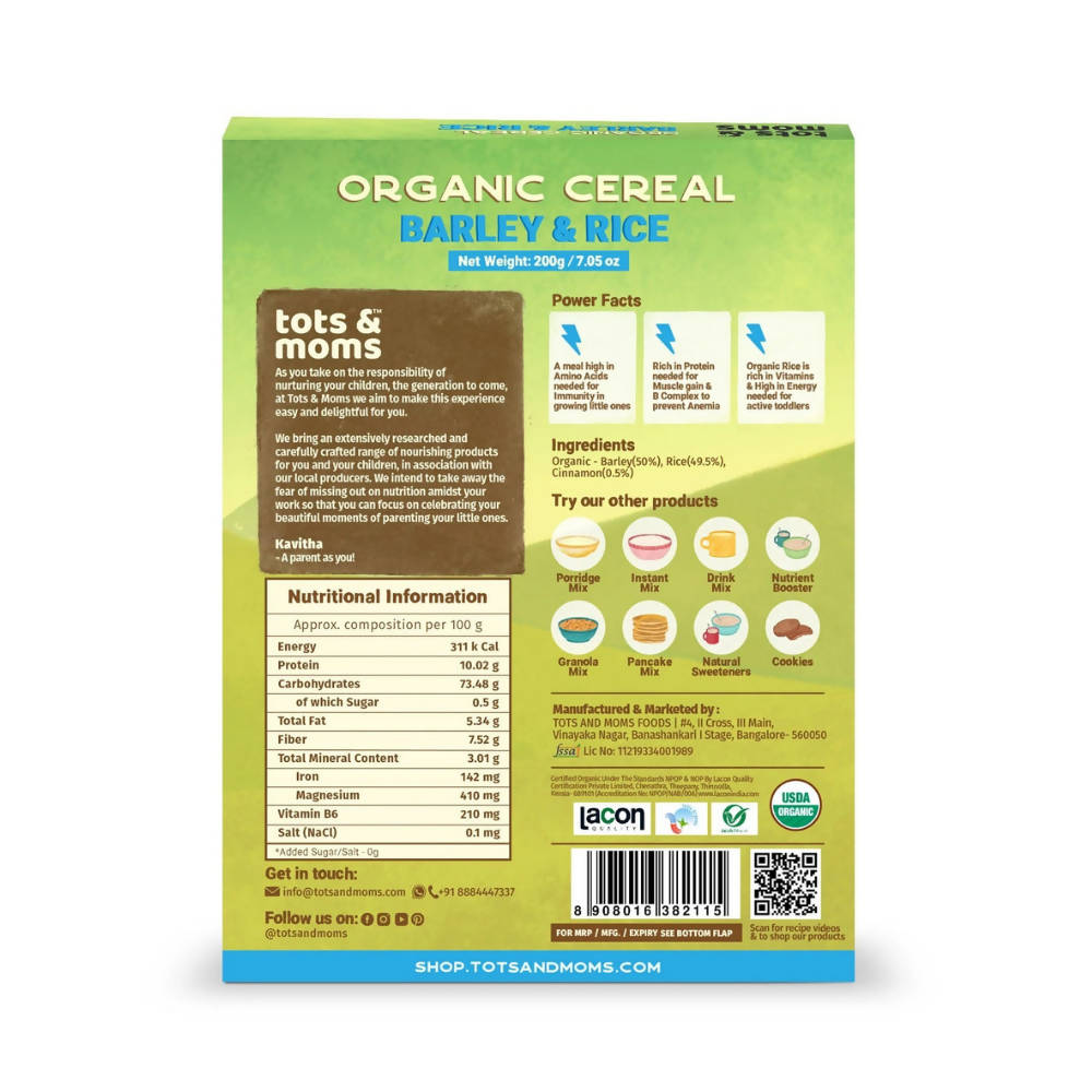 Tots and Moms Organic Cereal Barley & Rice Cereal - Distacart
