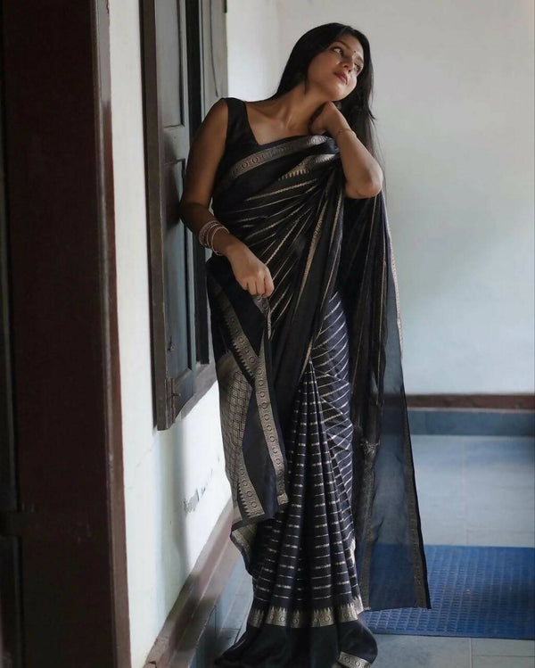 DEIANA'S Beautiful Golden Jari with New Design Soft Lichi Silk Saree - Black - Distacart