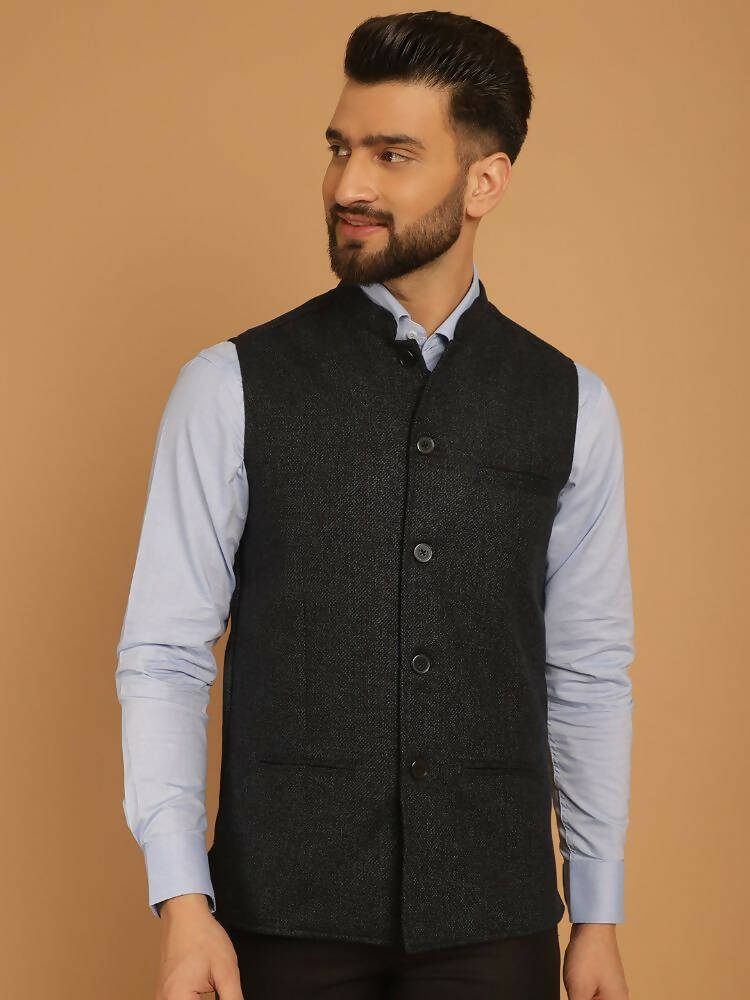 Even Apparels Pure Wool Nehru Jacket - Blue - Distacart