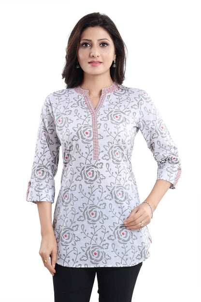 Snehal Creations Vibrant Vigour White Cotton Printed Short Tunic Top - Distacart
