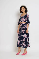 Thumbnail for Blue Crepe Floral Printed Top with Matching Skirt - Shivani - Distacart