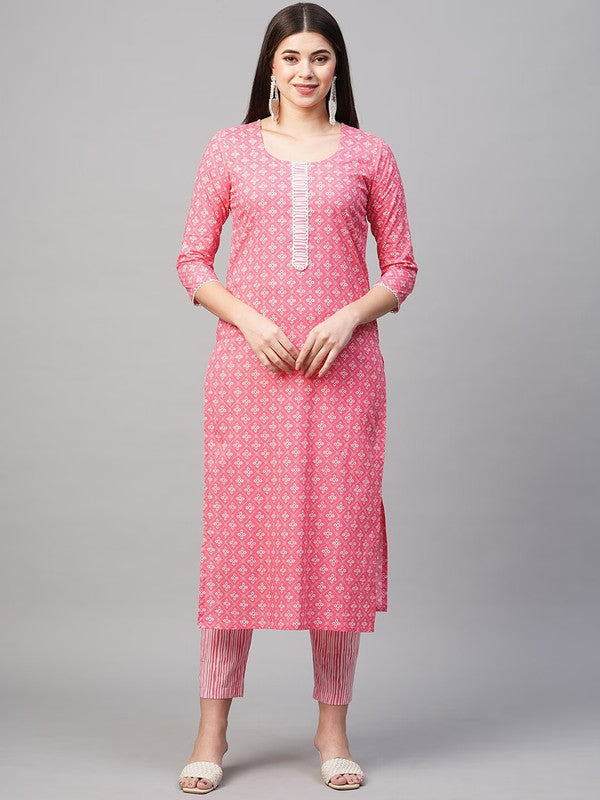Malishka Women's Printed Pink Cotton Blend Kurta Pant Set - Pink - Distacart