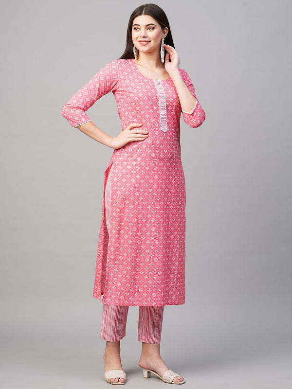 Malishka Women's Printed Pink Cotton Blend Kurta Pant Set - Pink - Distacart