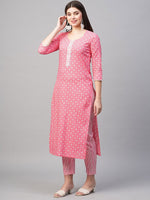 Thumbnail for Malishka Women's Printed Pink Cotton Blend Kurta Pant Set - Pink - Distacart