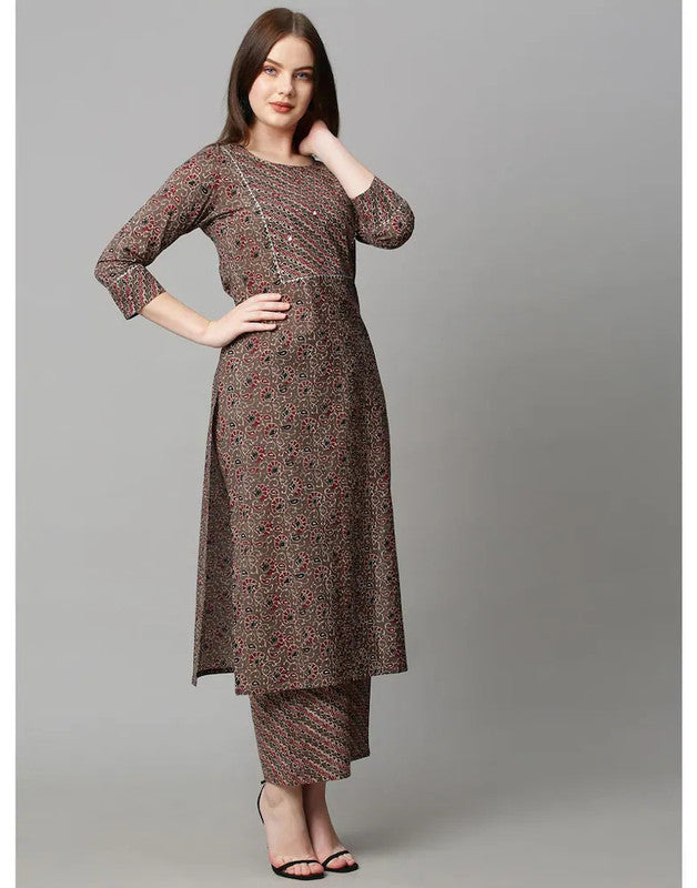 Malishka Women's Printed Brown Cotton Blend Kurta Pant Set - Brown - Distacart