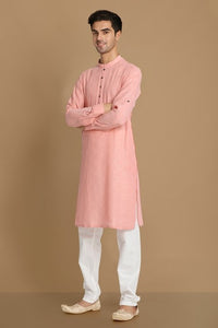 Thumbnail for Manyavar Men Peach-Coloured Mandarin Collar Self Design Kurta - Distacart