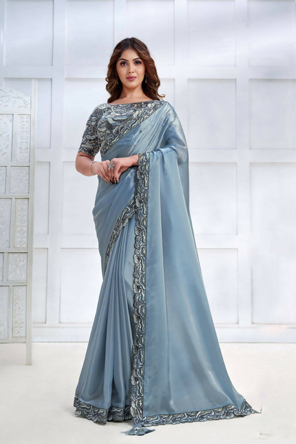 Blue Crepe satin silk Cord & Sequence Embroidered Saree - Mohmanthan Majestica - Distacart
