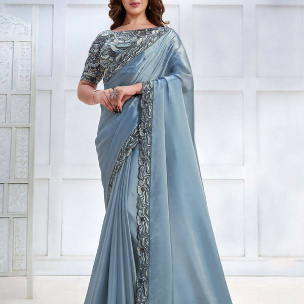 Blue Crepe satin silk Cord & Sequence Embroidered Saree - Mohmanthan Majestica - Distacart
