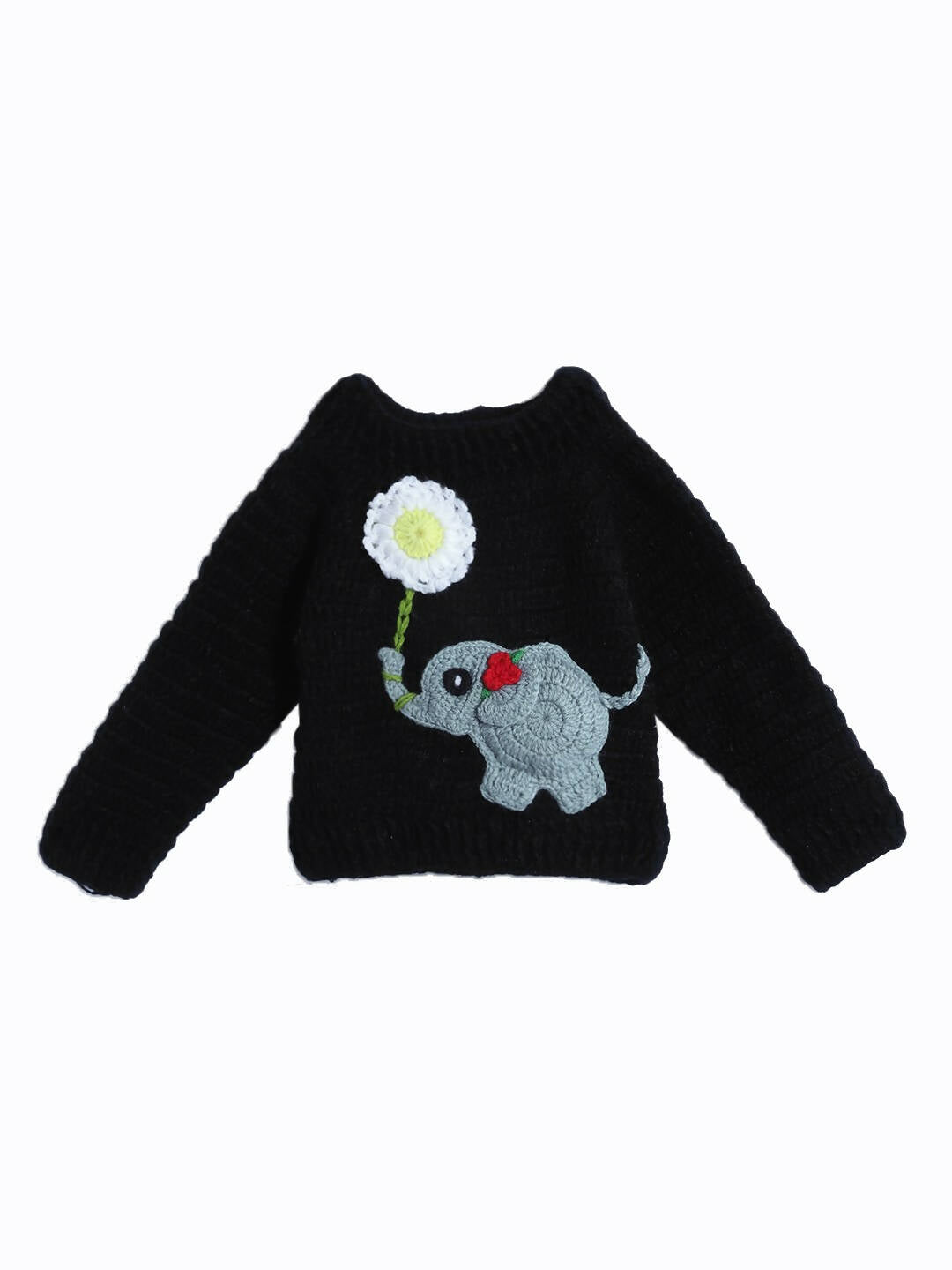 Chutput Kids Woollen Hand Knitted Full Sleeves Elephant Detail Sweater - Black - Distacart