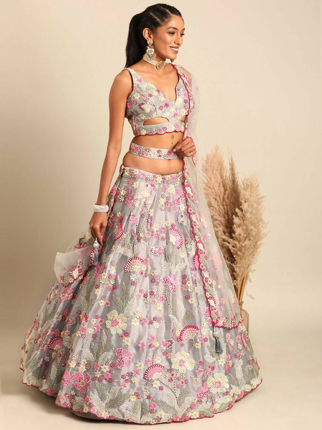 House of Panchhi Grey Organza Sequins and Zarkan embroidery Lehenga choli & Dupatta - Distacart