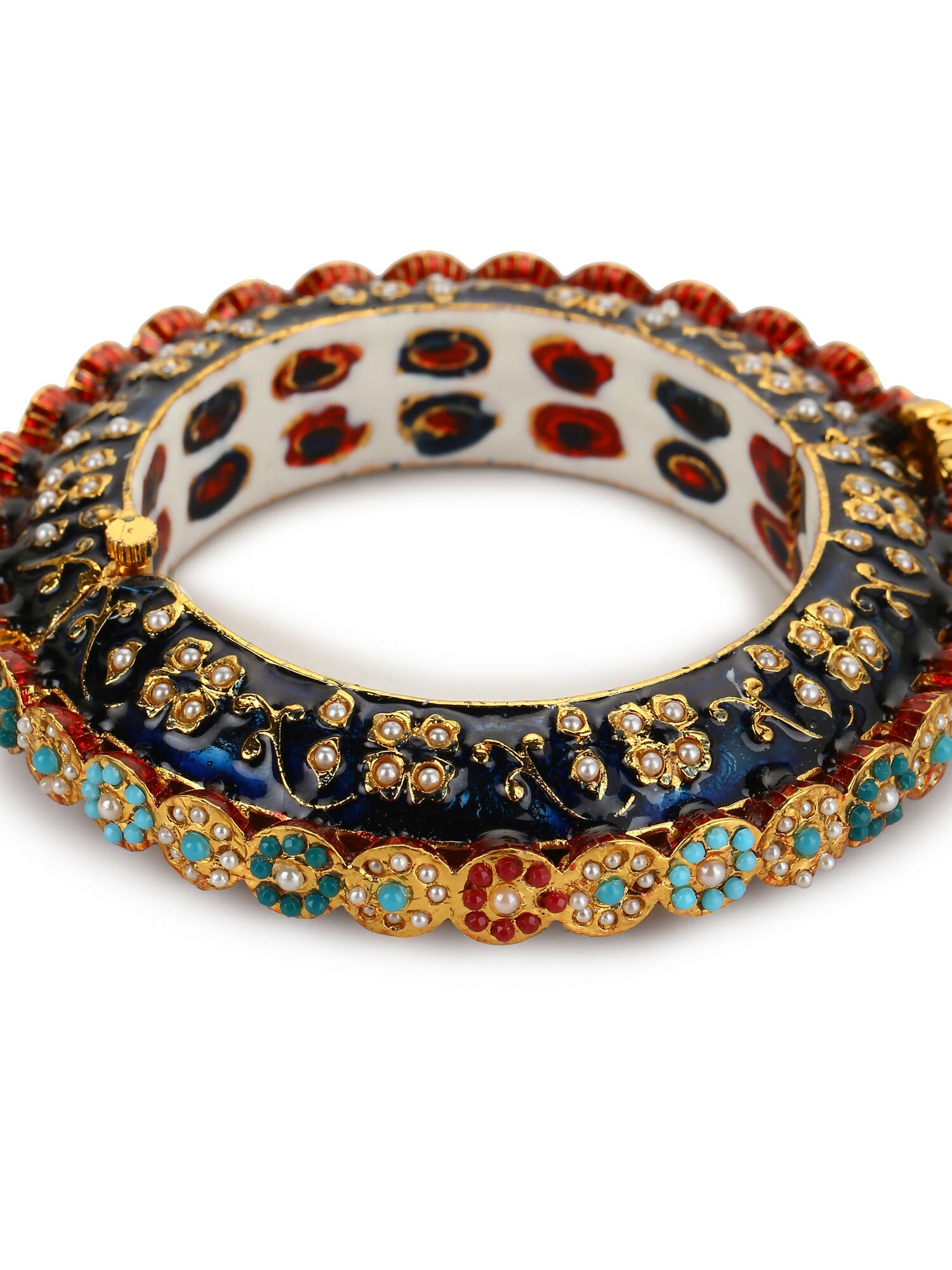 Gold-Plated Blue White Kundan Studded Pearls Beaded Bangle - Ruby Raang - Distacart