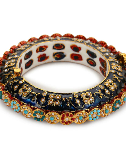 Gold-Plated Blue White Kundan Studded Pearls Beaded Bangle - Ruby Raang - Distacart