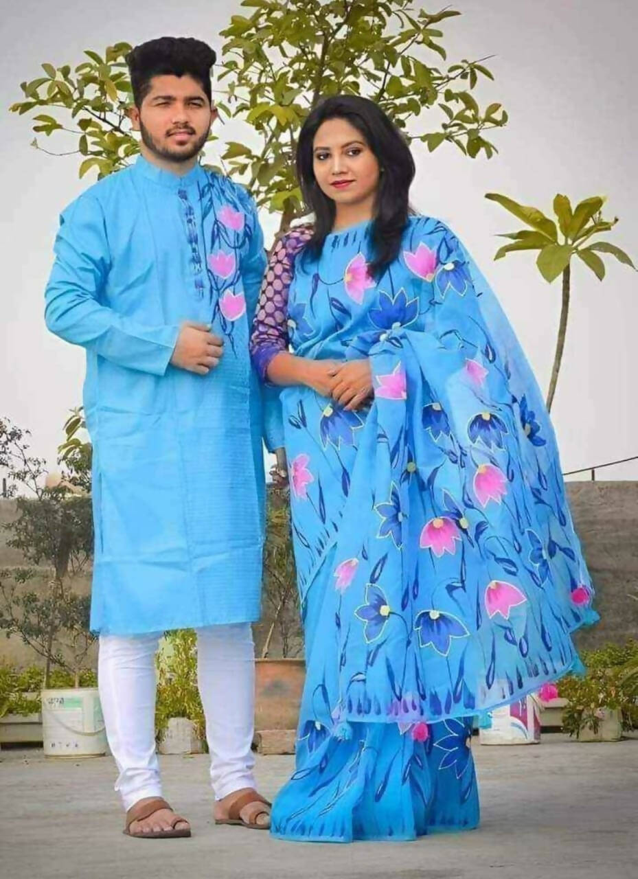 Exclusive Collection Elegant Hand Printing Designe On Pure Cotton Saree And Men's Kurta - Sky Blue - Distacart