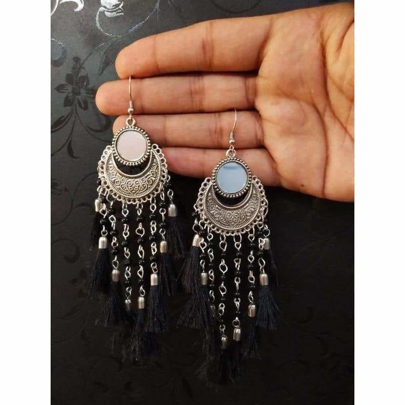 Oxidized Silver Half Moon Style Earrings With Silk Threads