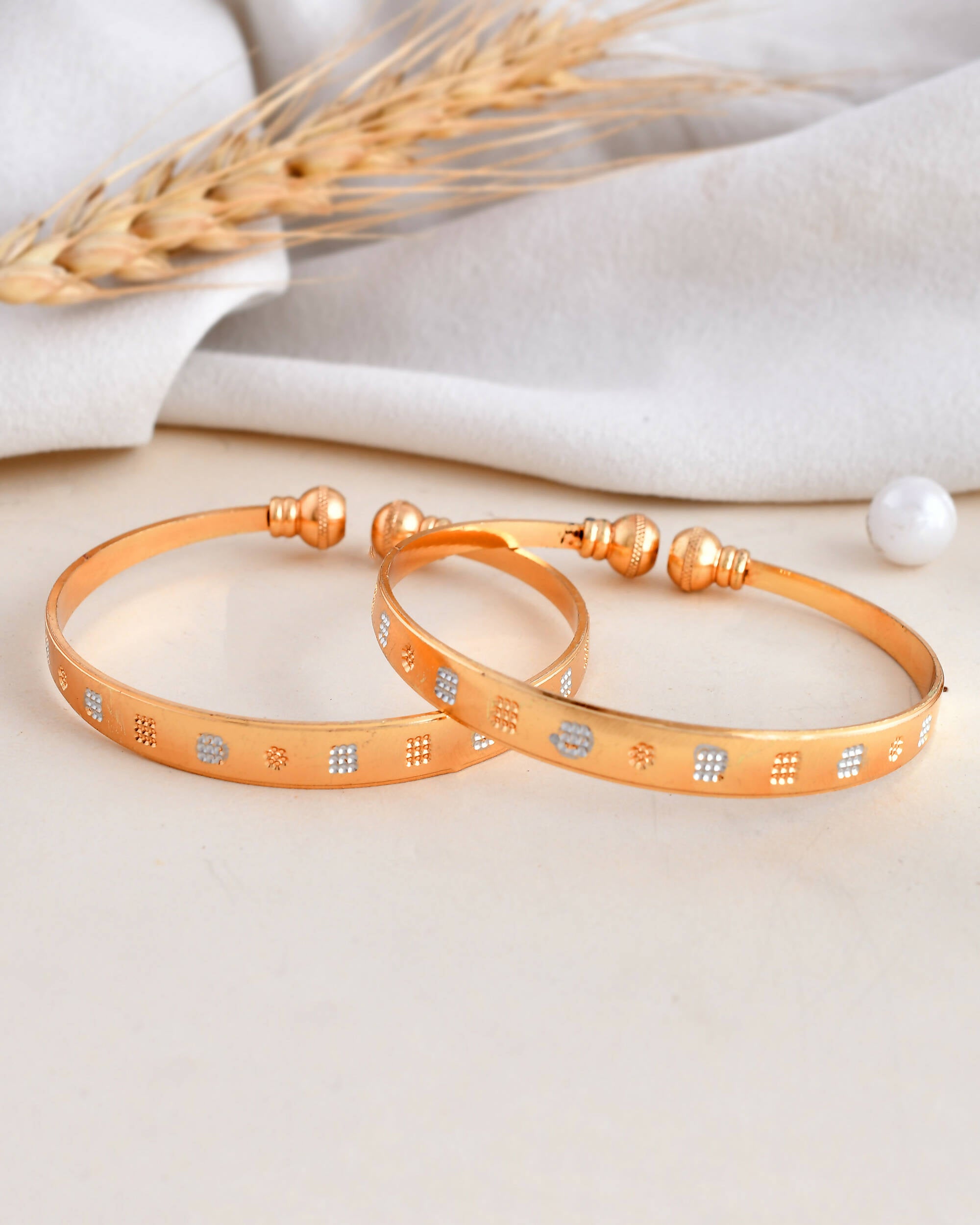 VOJ Stainless Steel Beads Gold-plated Bangle Set (Pack of 2) - Distacart