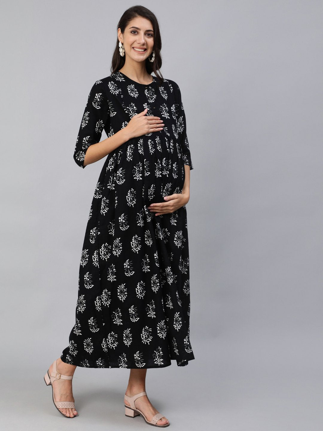 NOZ2TOZ Women Black Printed Maternity Dress With Three Quarter Sleeves - Distacart