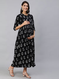 Thumbnail for NOZ2TOZ Women Black Printed Maternity Dress With Three Quarter Sleeves - Distacart