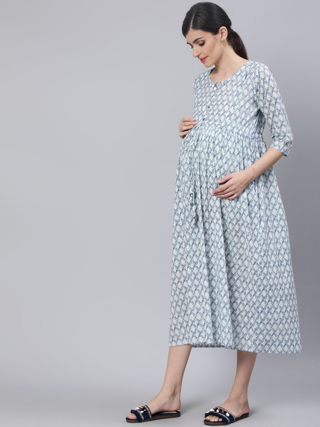 NOZ2TOZ Women Off White & Blue Floral Printed Maternity Dress With Three Quarter Sleeves - Distacart