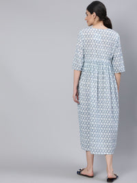 Thumbnail for NOZ2TOZ Women Off White & Blue Floral Printed Maternity Dress With Three Quarter Sleeves - Distacart