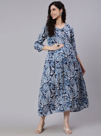 Thumbnail for NOZ2TOZ Women Blue Ethnic Mothif Printed Maternity Dress - Distacart