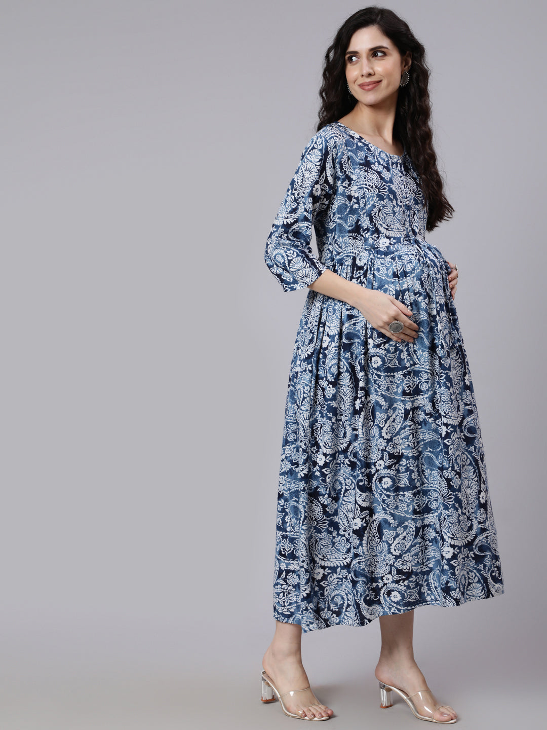 NOZ2TOZ Women Blue Ethnic Mothif Printed Maternity Dress - Distacart