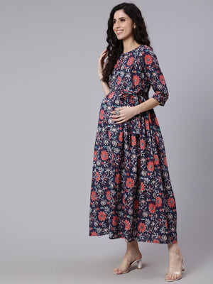 NOZ2TOZ Women Blue Floral Printed Flared Maternity Dress - Distacart