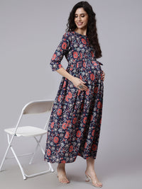 Thumbnail for NOZ2TOZ Women Blue Floral Printed Flared Maternity Dress - Distacart