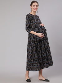 Thumbnail for NOZ2TOZ Women Black Floral Printed Flared Maternity Dress - Distacart