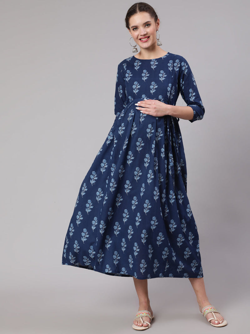 NOZ2TOZ Women Blue Floral Printed Flared Maternity Dress - Distacart