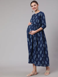Thumbnail for NOZ2TOZ Women Blue Floral Printed Flared Maternity Dress - Distacart