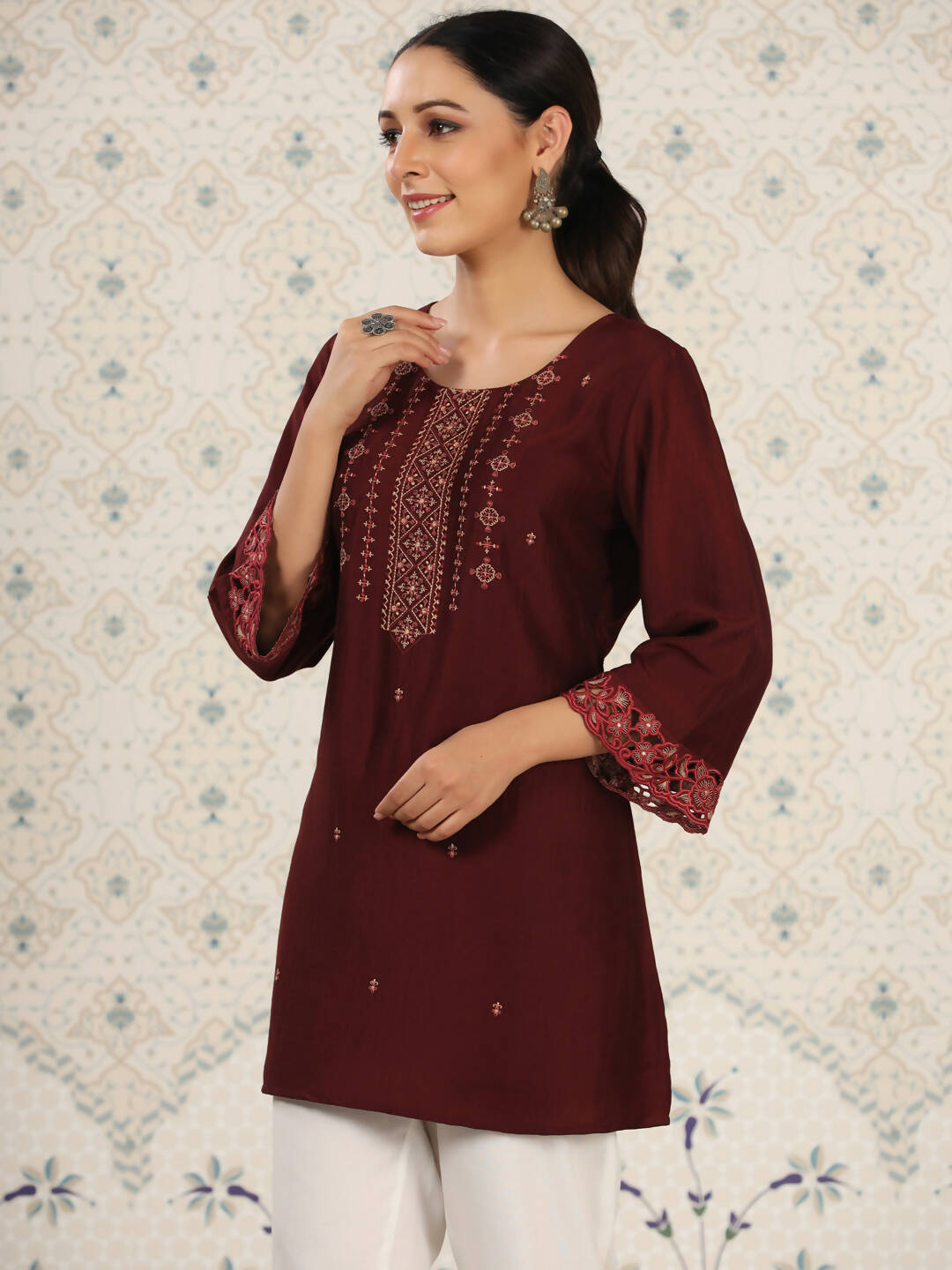 Maroon Chinon Embroidered Straight Top - Zeny - Distacart