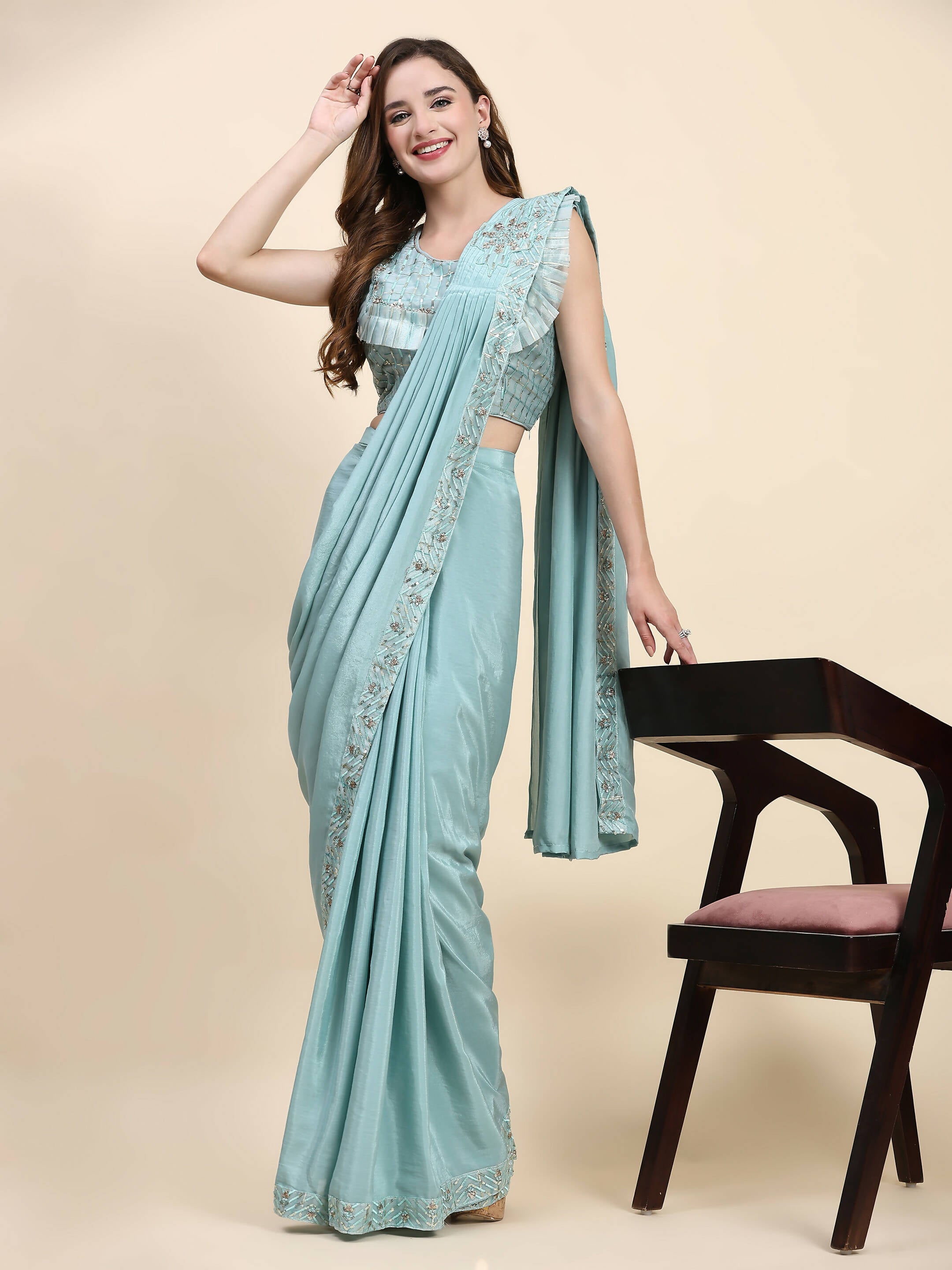 Sky Blue Silk Satin Solid Ready to wear Saree with stitched Blouse - Satiksha - Distacart