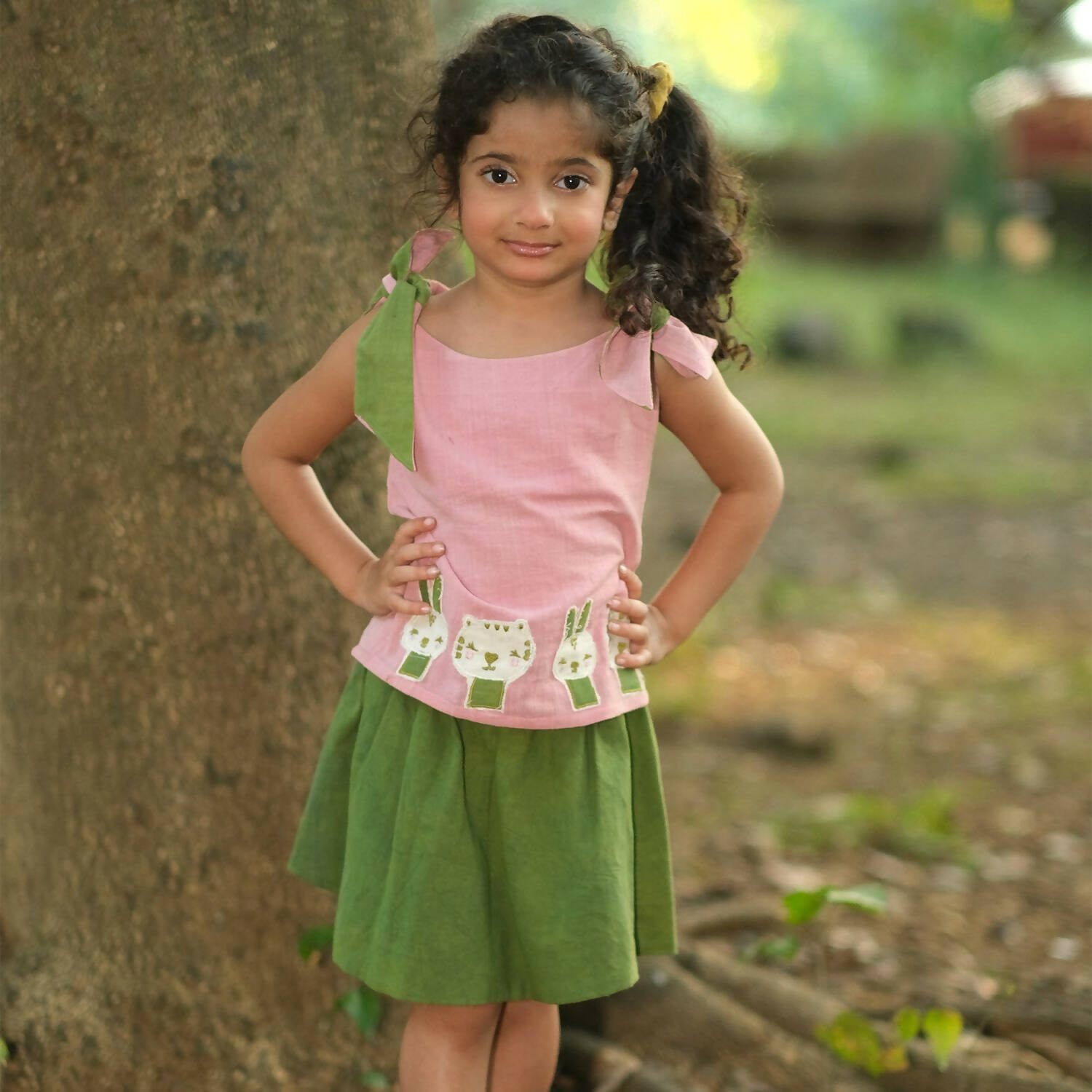 Mhyssa Pink Tie up Round Neck Patch Tee with Circular Skirt Set - Distacart