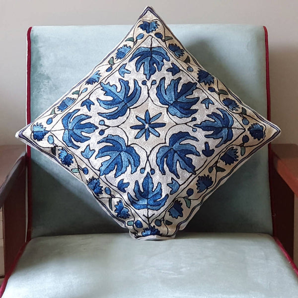 The Decor Nook Hand embroidered Crewel Cushion Covers in Blue Chinar Leaf Motif with Off White Base - Distacart
