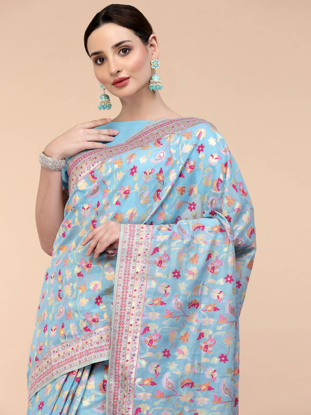 Blue Silk Blend Woven Design Saree With Unstitched Blouse Piece - Aloki - Distacart