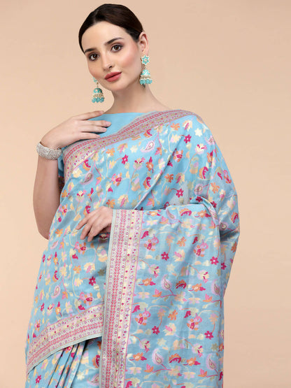Blue Silk Blend Woven Design Saree With Unstitched Blouse Piece - Aloki - Distacart