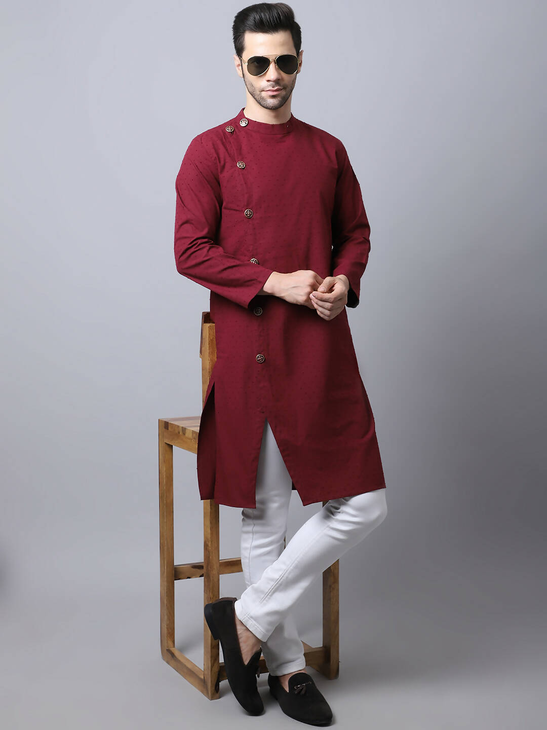Even Apparels Maroon Pure Cotton Sherwani Kurta With Asymetrical Cut - Distacart