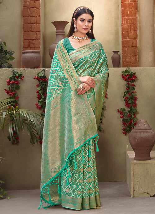 Sea Green Cotton Zari Woven Design Saree with Unstitched Blouse Piece - Aachal - Distacart