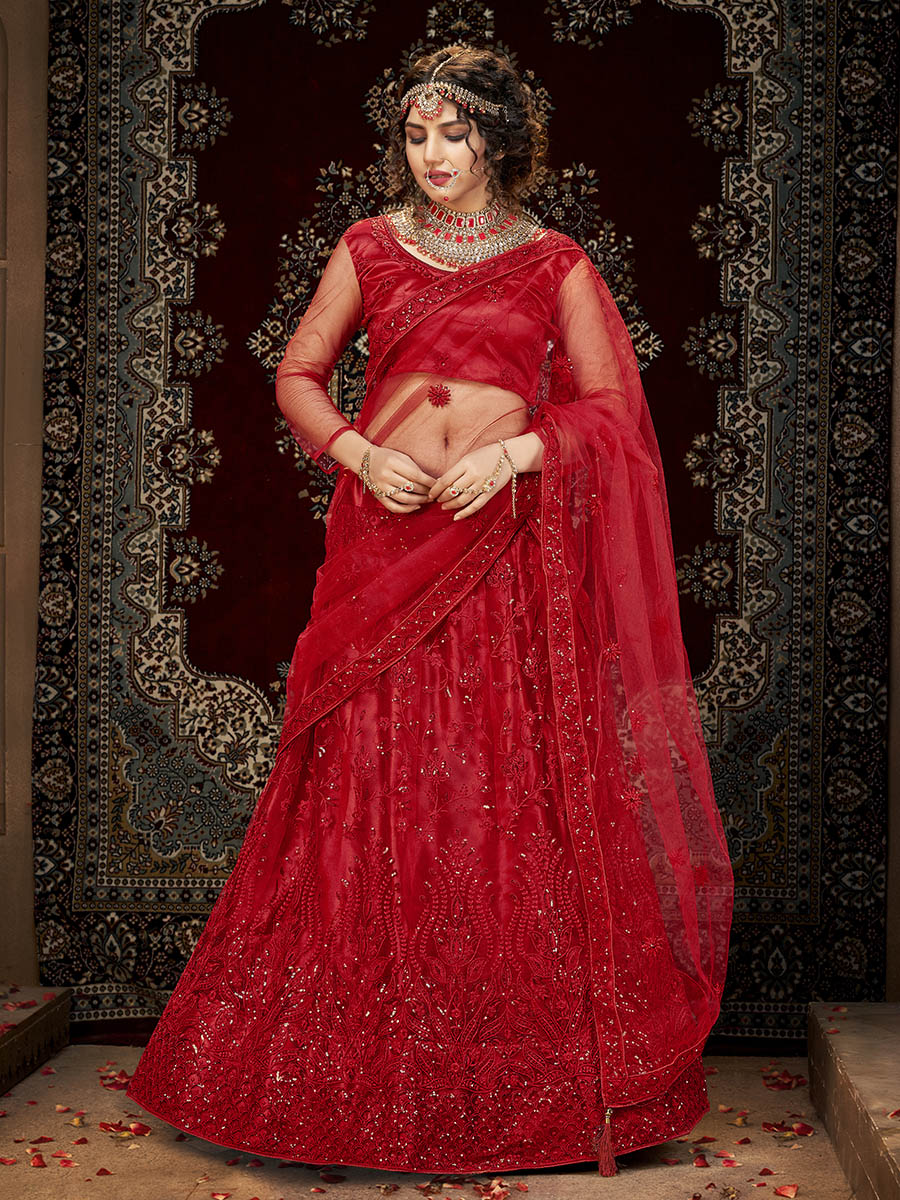 Myra Deep Red Heavy Embroidered Net Lehenga - Distacart