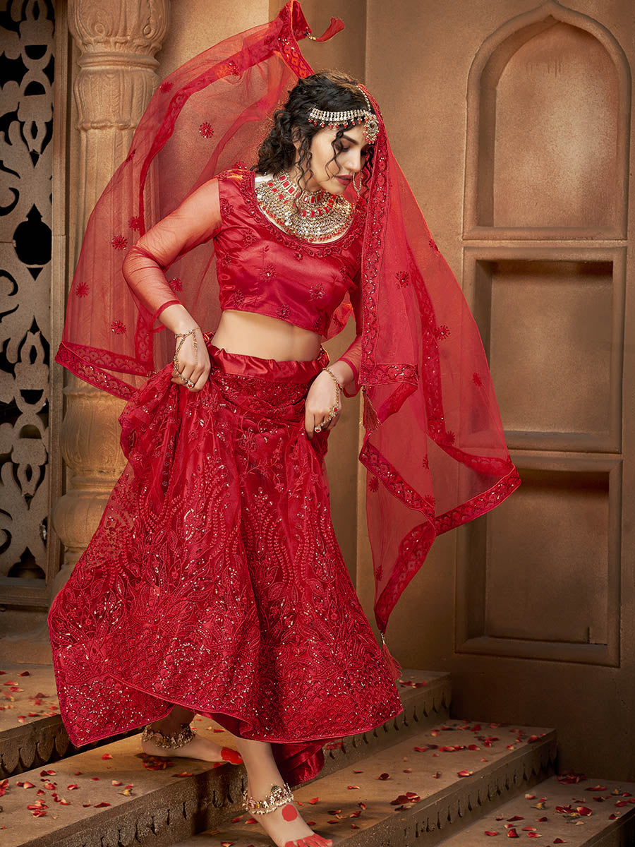 Myra Deep Red Heavy Embroidered Net Lehenga - Distacart