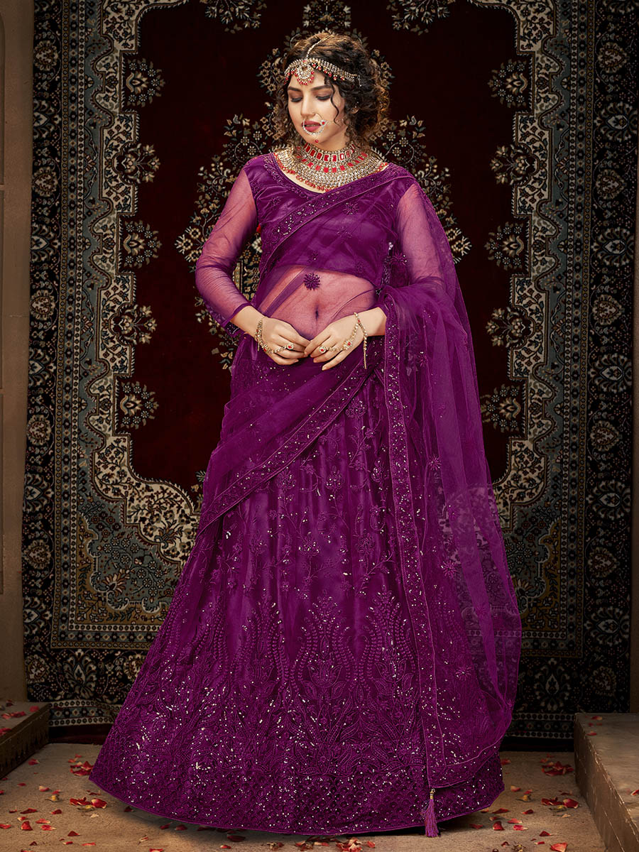 Myra Wine Heavy Embroidered Net Lehenga - Distacart