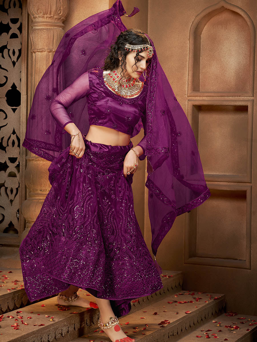 Myra Wine Heavy Embroidered Net Lehenga - Distacart