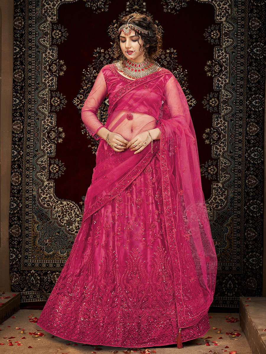Myra Pink Heavy Embroidered Net Lehenga - Distacart